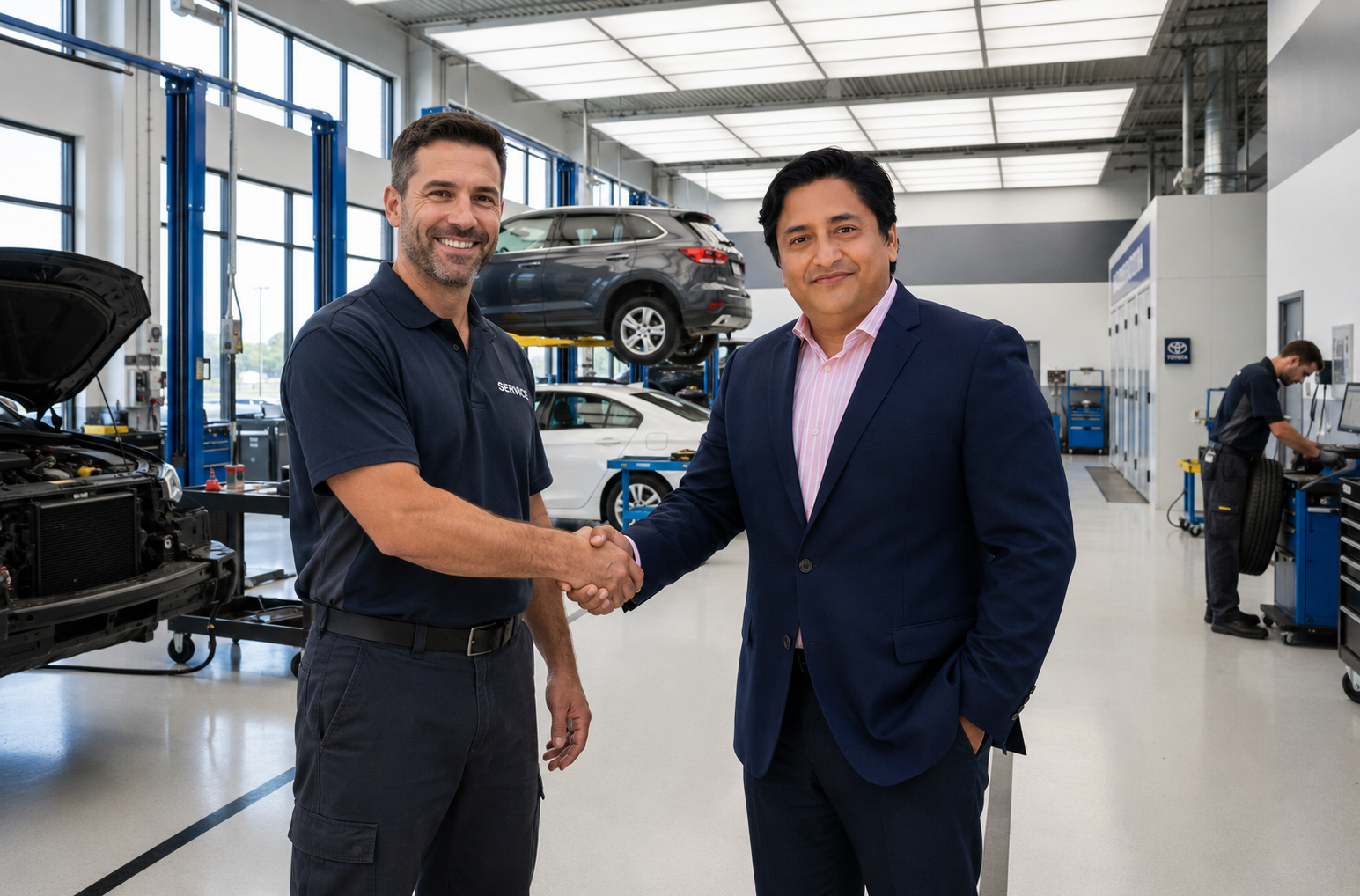 Business owner shaking hands with lender in auto repair shop